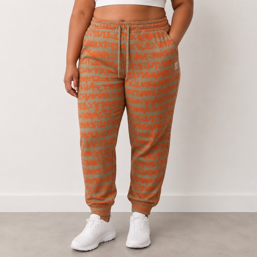 Savage X Fenty Graffiti Logo Joggers Olive Orange Fleece Sweatpants XL